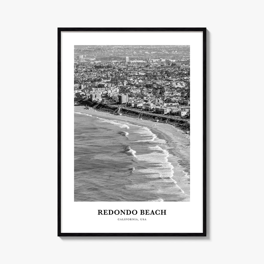 Redondo Beach black & white classic poster of California, USA – vertical wall art, unframed print shown in interior mockup