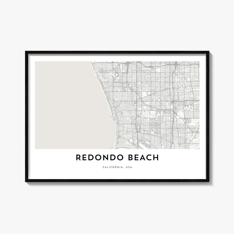 Redondo Beach black & white map poster of California, USA – horizontal wall art, unframed print shown in interior mockup