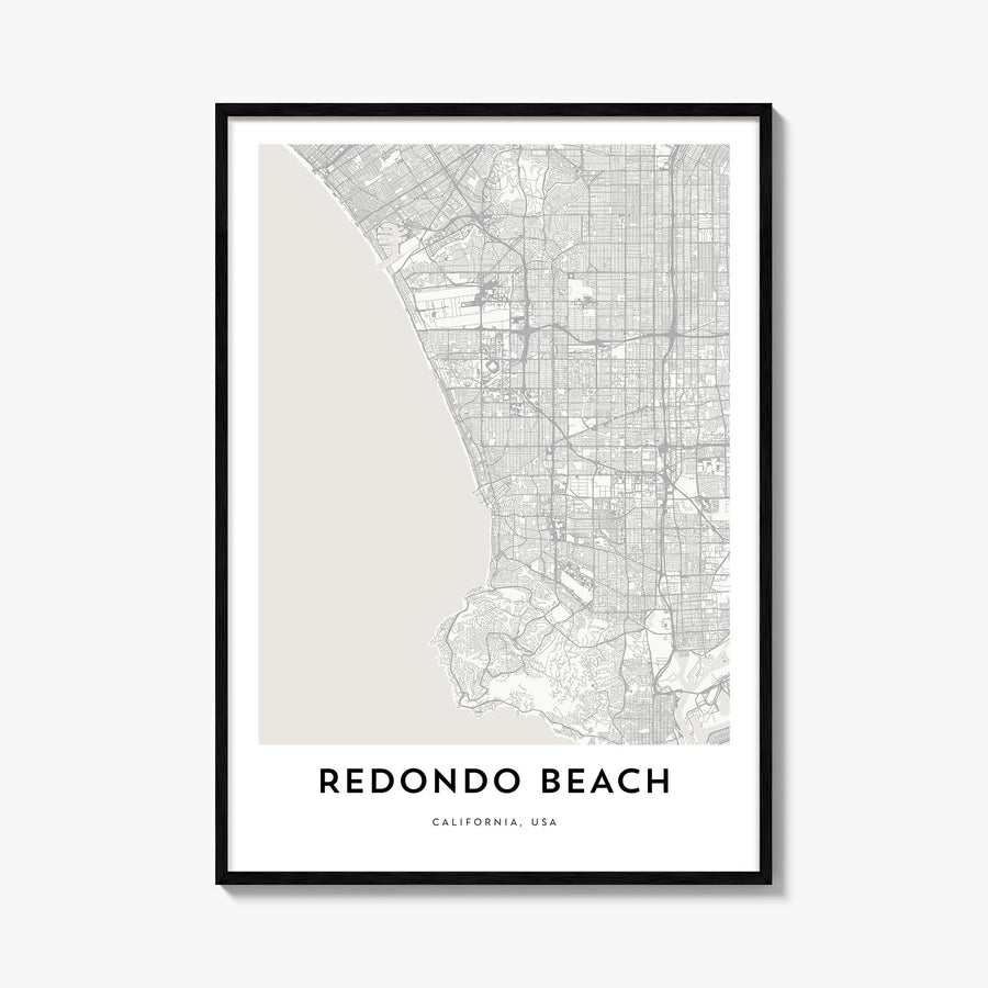 Redondo Beach black & white map poster of California, USA – vertical wall art, unframed print shown in interior mockup