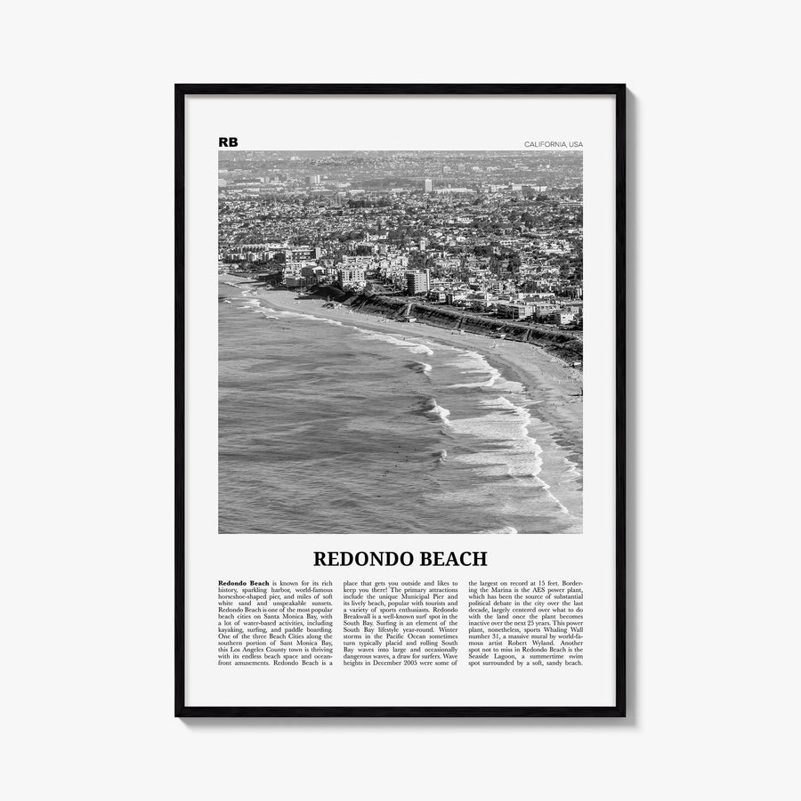 Redondo Beach black & white newspaper poster of California, USA – vertical wall art, unframed print shown in interior mockup