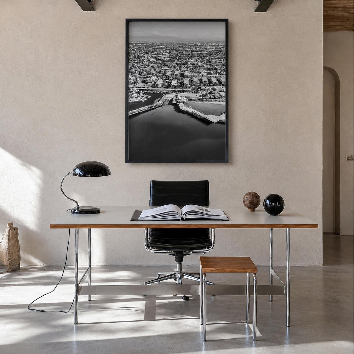 Redondo Beach black & white photo poster of California, USA – vertical wall art in black wood frame, hanging on wall