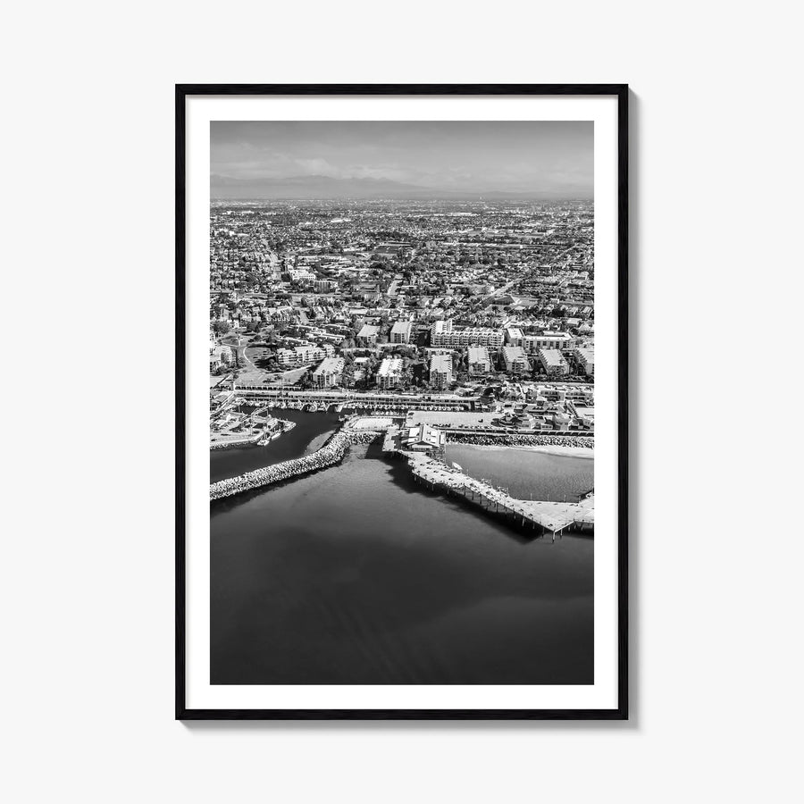 Redondo Beach black & white photo poster of California, USA – vertical wall art, unframed print shown in interior mockup