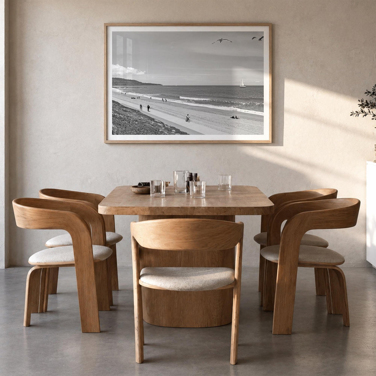 Redondo Beach black & white photo poster of California, USA – horizontal wall art in natural wood frame with white border, ha