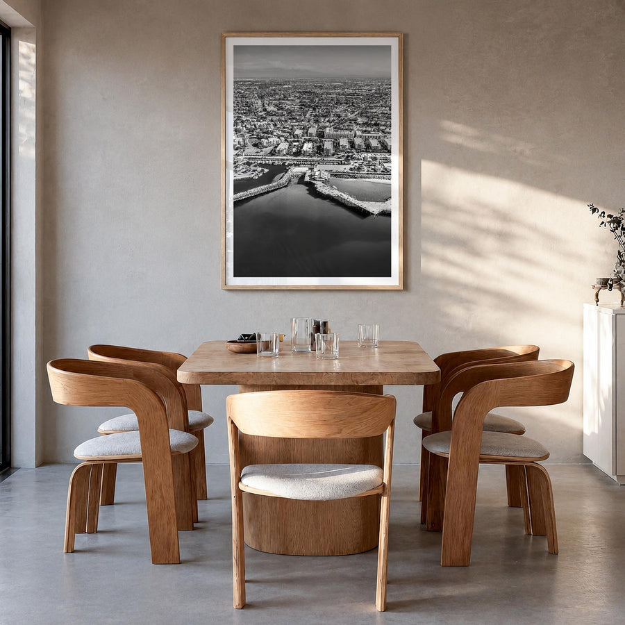Redondo Beach black & white photo poster of California, USA – vertical wall art in natural wood frame with white border, hang