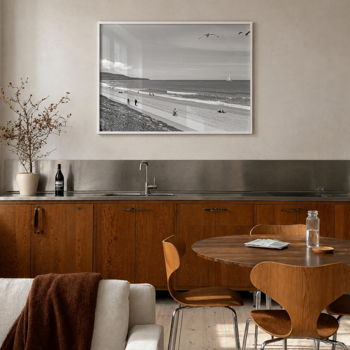 Redondo Beach black & white photo poster of California, USA – horizontal wall art in white wood frame, hanging on wall