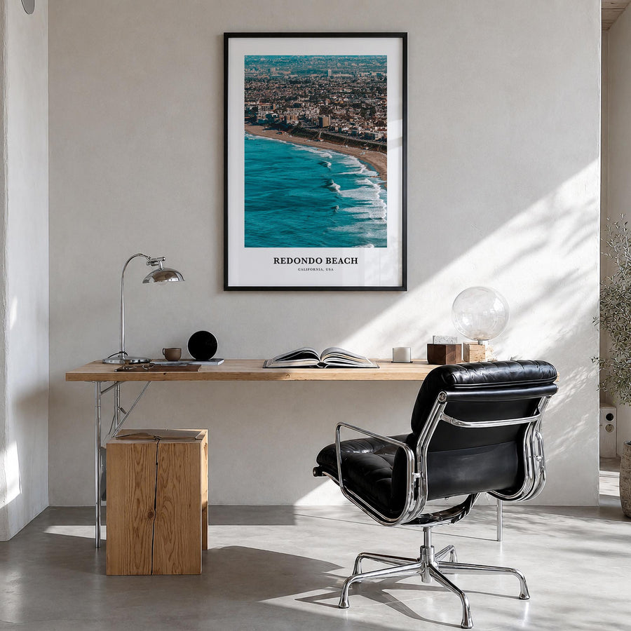 Redondo Beach colorful classic poster of California, USA – vertical wall art in black wood frame, hanging on wall