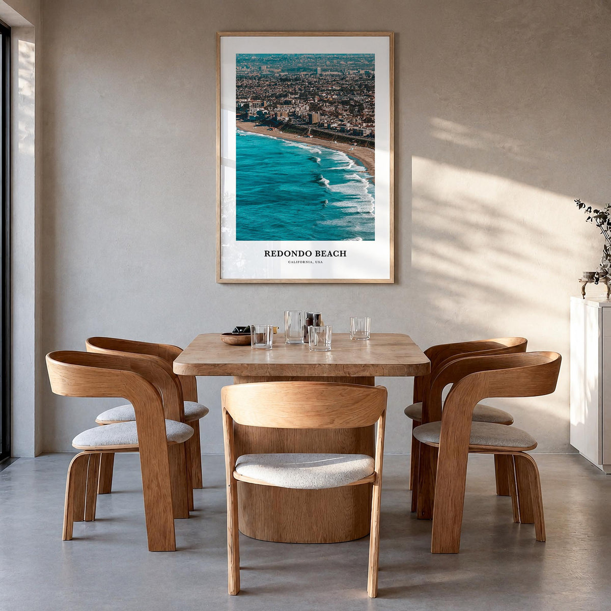 Redondo Beach colorful classic poster of California, USA – vertical wall art in natural wood frame, hanging on wall