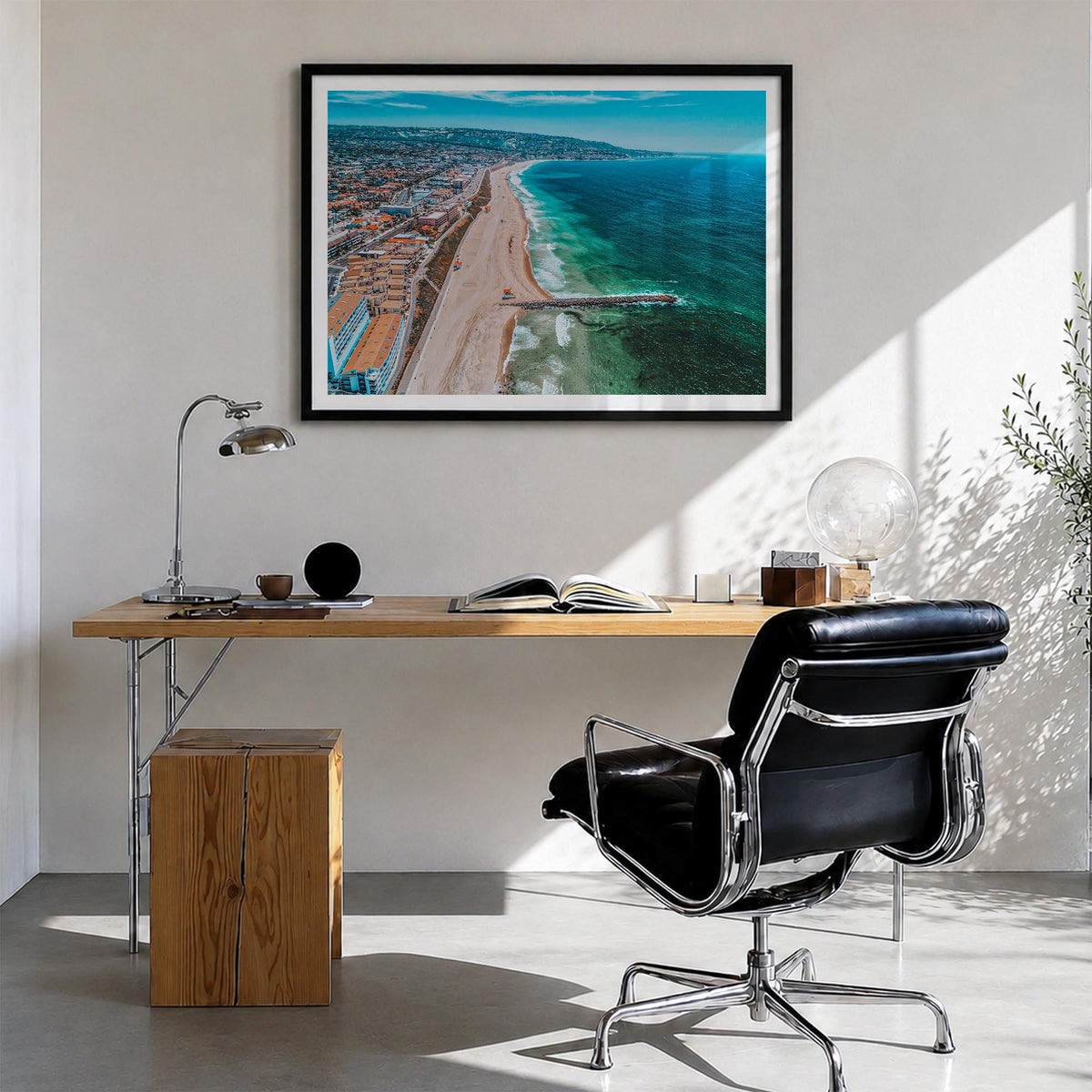 Redondo Beach colorful photo poster of California, USA – horizontal wall art in black wood frame with white border, hanging o