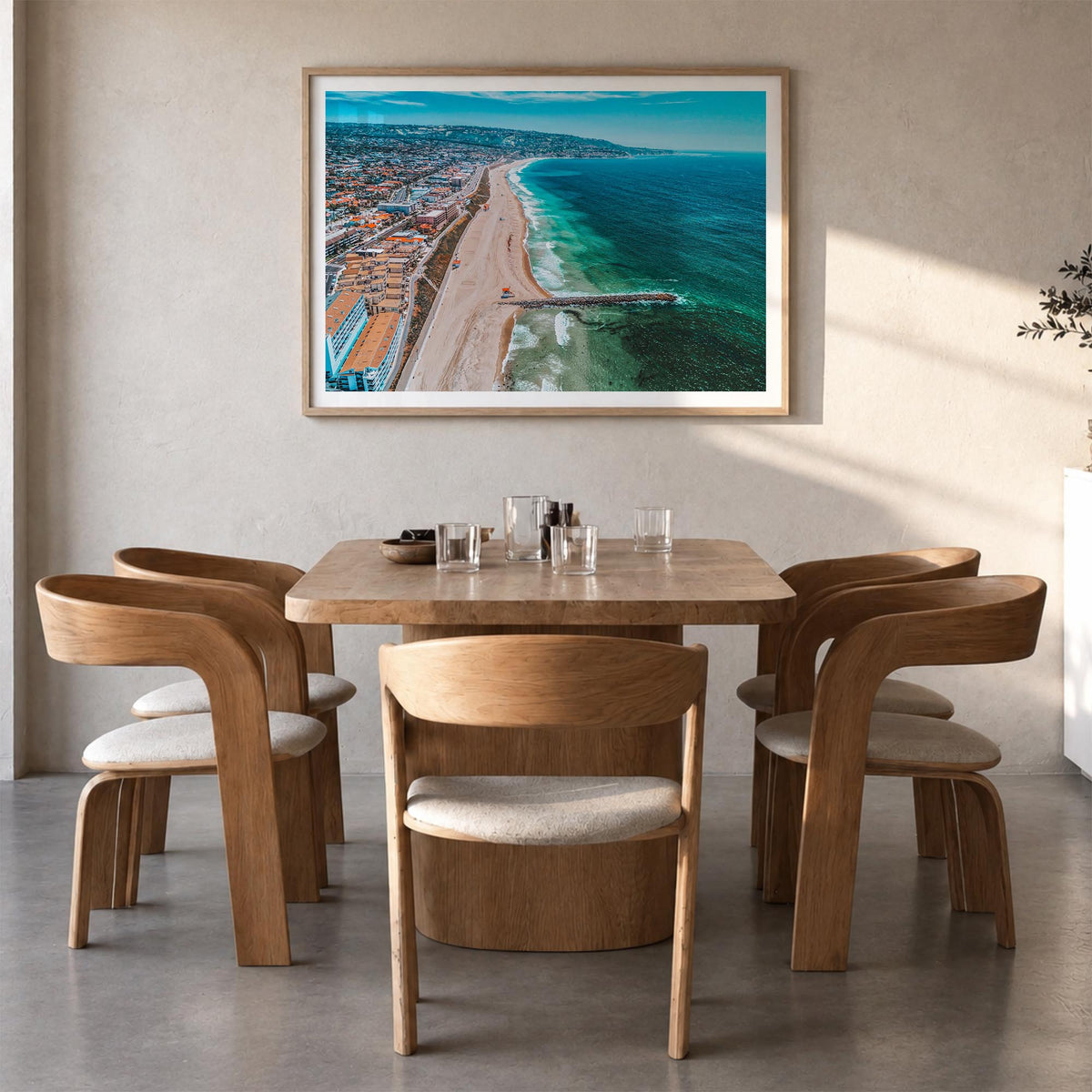 Redondo Beach colorful photo poster of California, USA – horizontal wall art in natural wood frame with white border, hanging