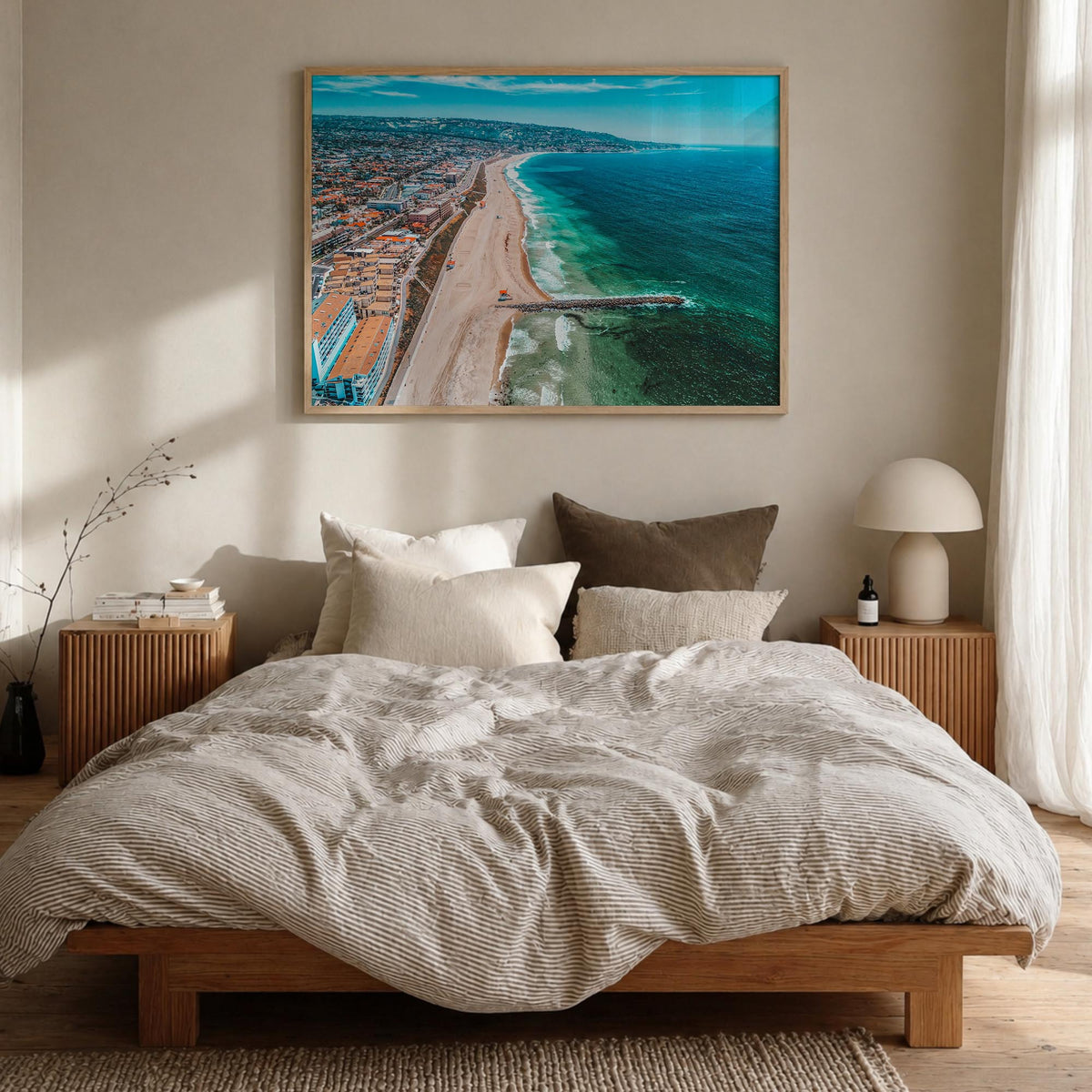 Redondo Beach colorful photo poster of California, USA – horizontal wall art in natural wood frame, hanging on wall