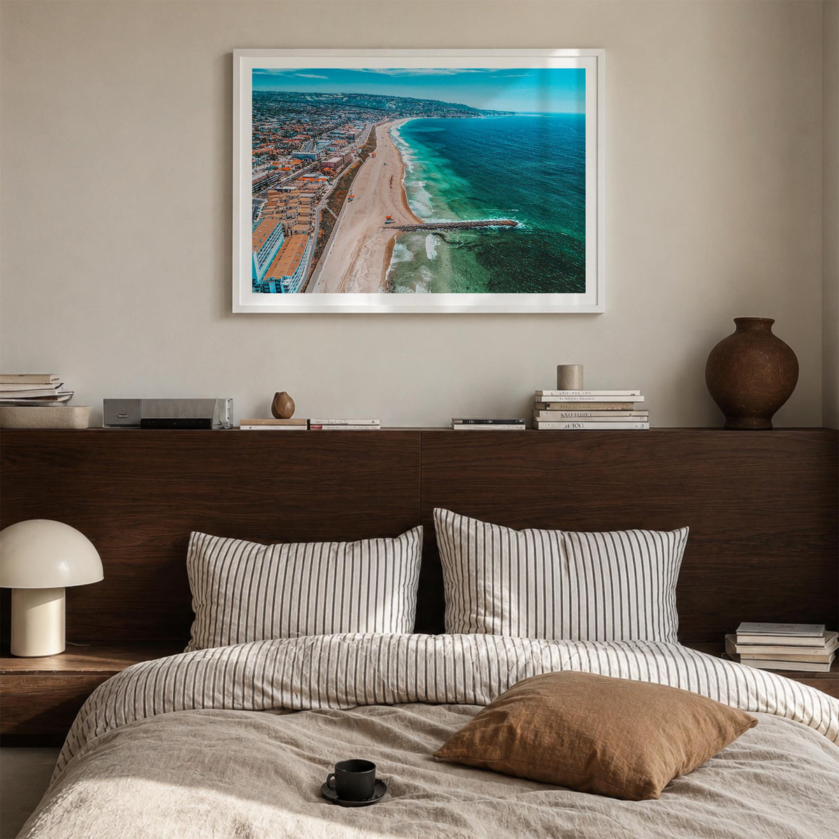 Redondo Beach colorful photo poster of California, USA – horizontal wall art in white wood frame with white border, hanging o
