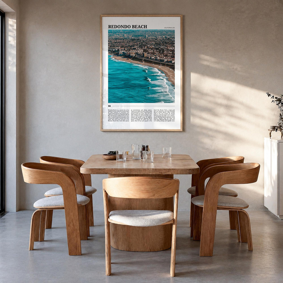 Redondo Beach colorful travel poster of California, USA – vertical wall art in natural wood frame, hanging on wall
