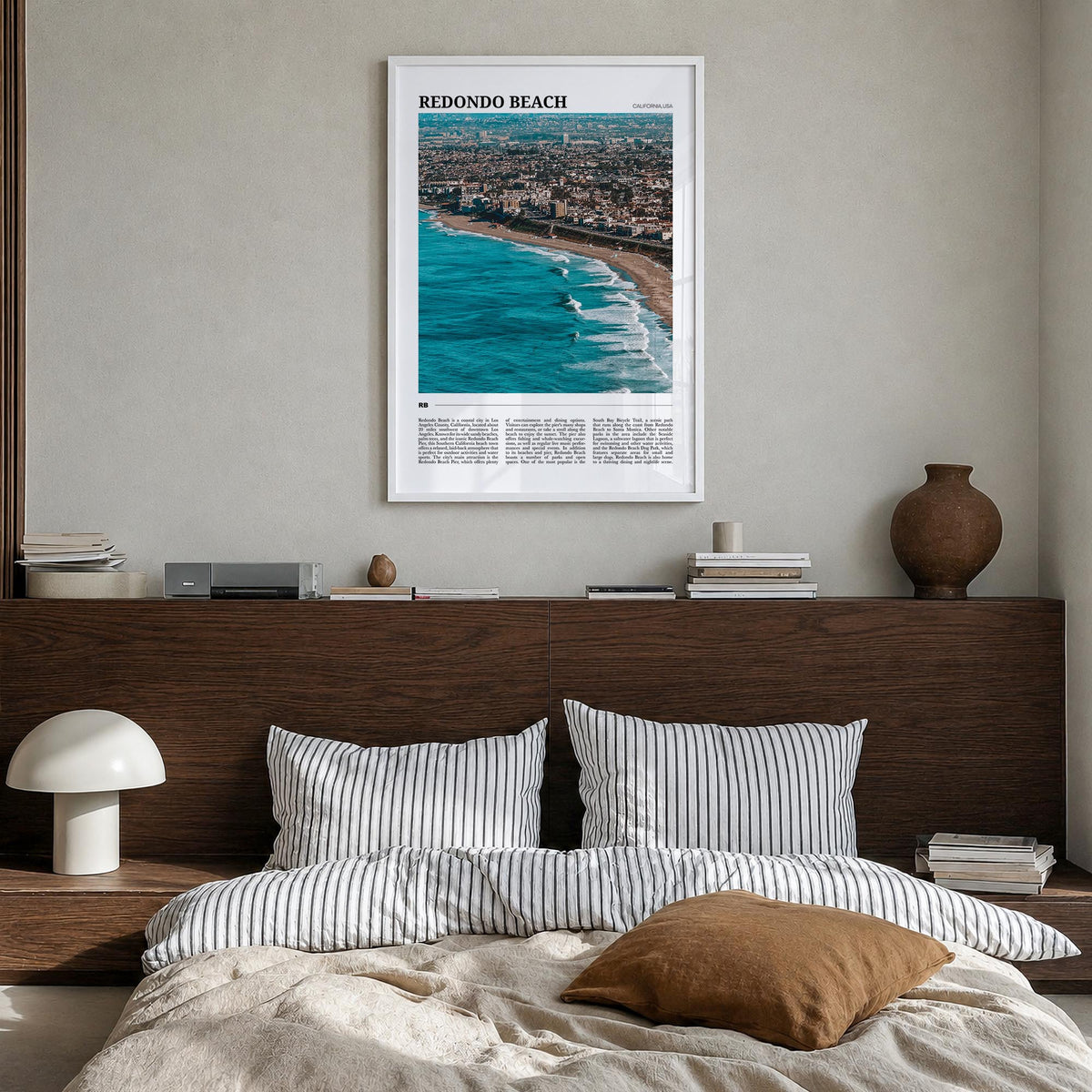Redondo Beach colorful travel poster of California, USA – vertical wall art in white wood frame, hanging on wall