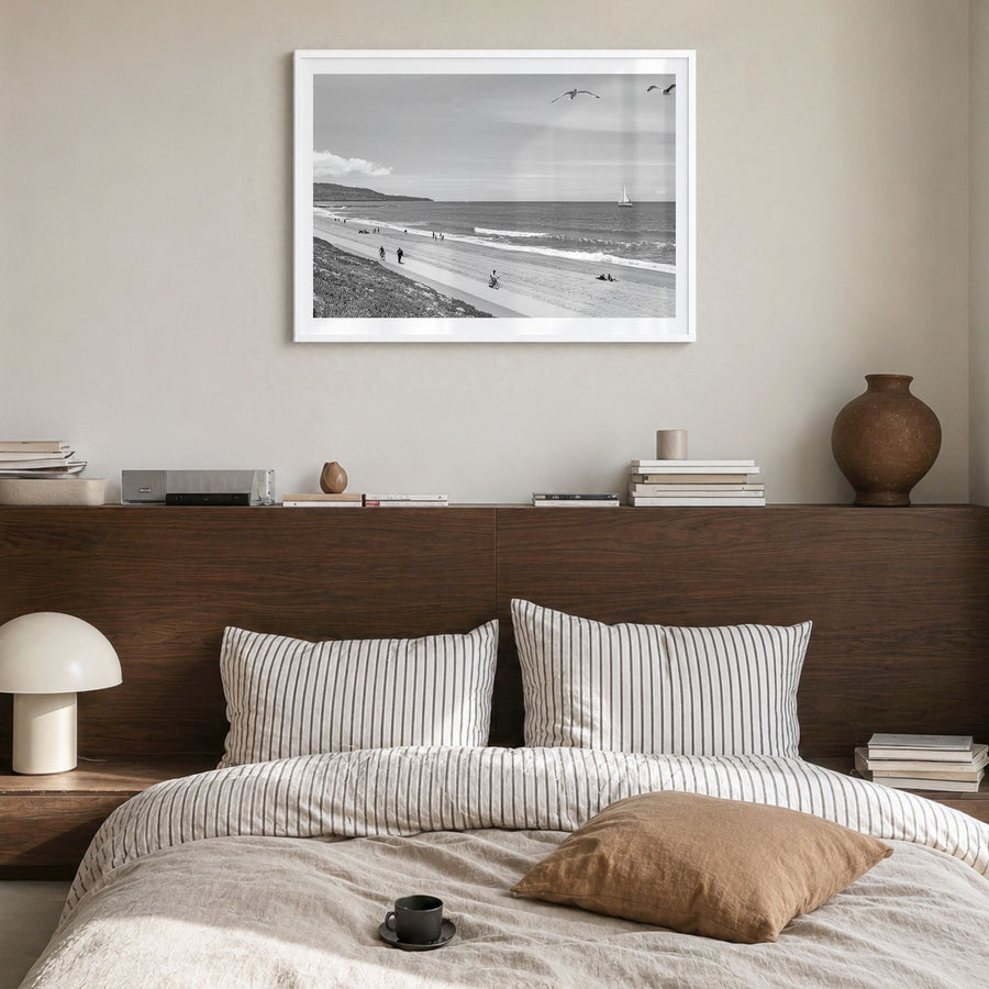 Redondo Beach Photo Poster in a white wood frame, hanging in a bedroom, white border