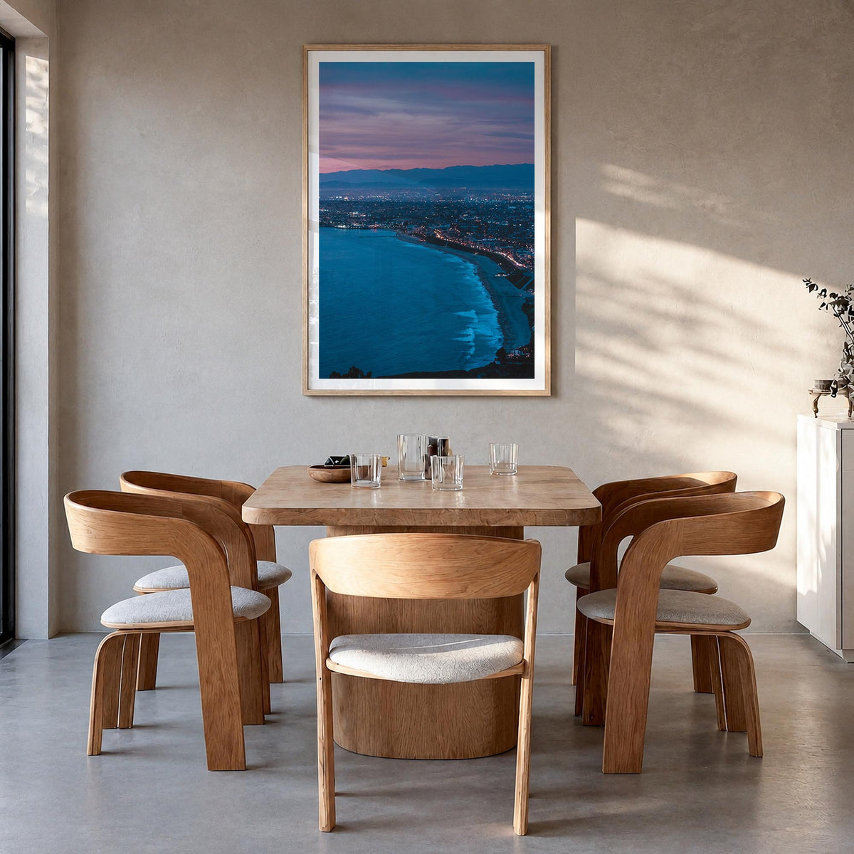 Redondo Beach no. 2 colorful photo poster of California, USA – vertical wall art in natural wood frame with white border, han