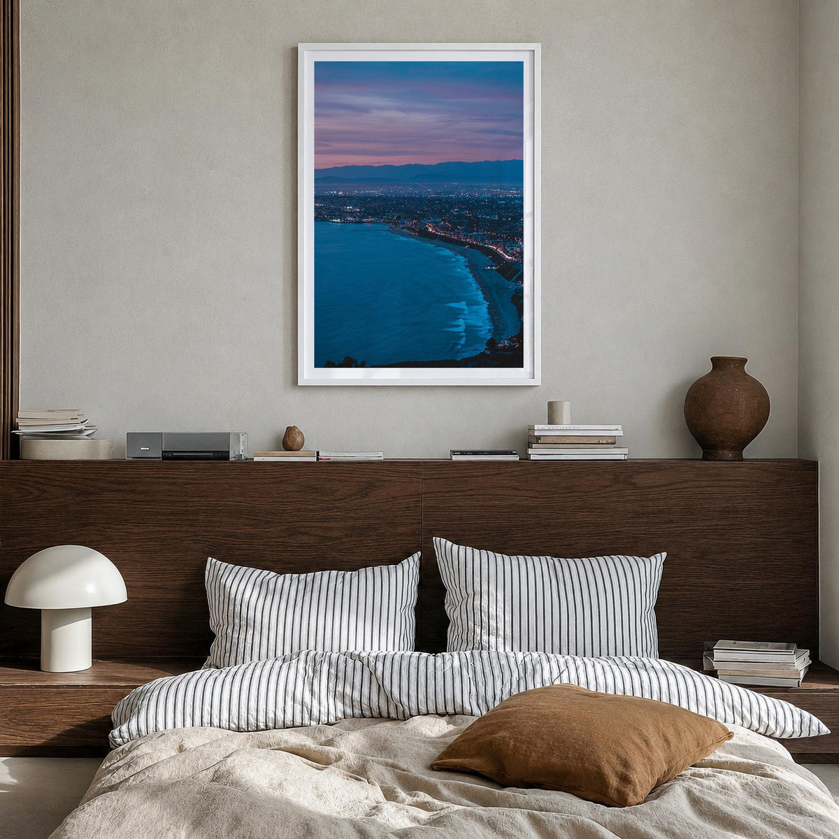 Redondo Beach no. 2 colorful photo poster of California, USA – vertical wall art in white wood frame with white border, hangi