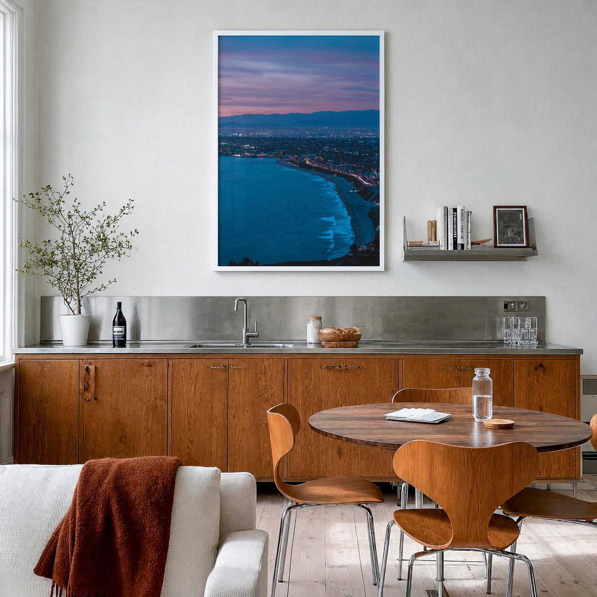 Redondo Beach no. 2 colorful photo poster of California, USA – vertical wall art in white wood frame, hanging on wall