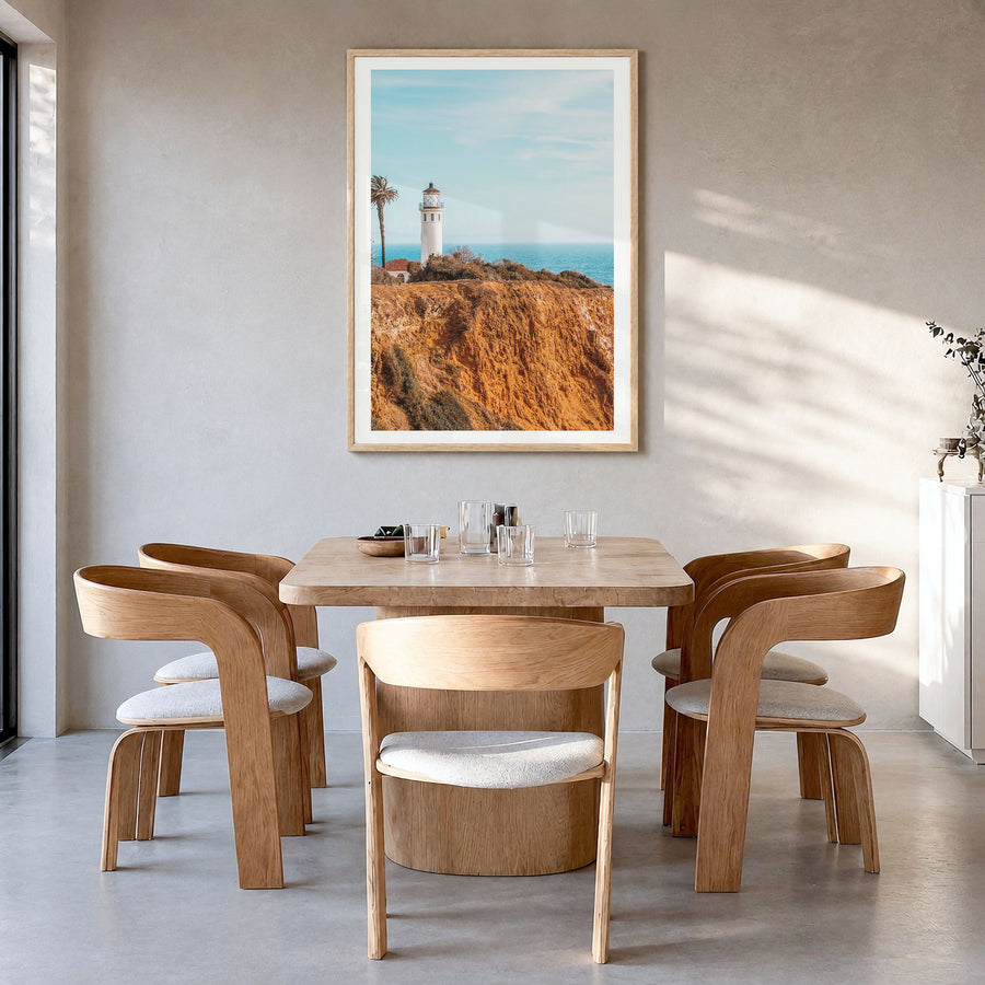 Redondo Beach Photo No 1 Poster in a natural wood frame, hanging in a dining room, white border