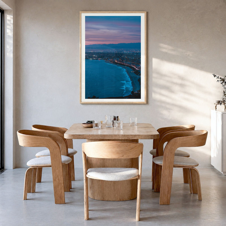 Redondo Beach Photo No 2 Poster in a natural wood frame, hanging in a dining room, white border