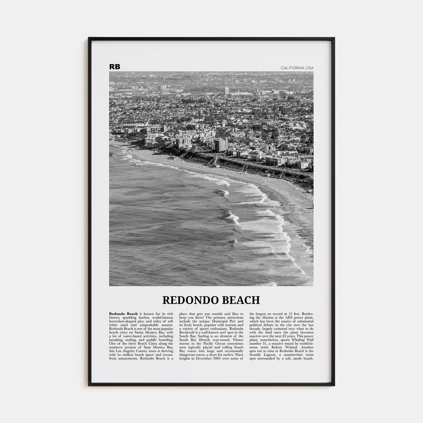 Redondo Beach Poster Black Metal / 8x12 in Nbourhood Travel B&W Poster