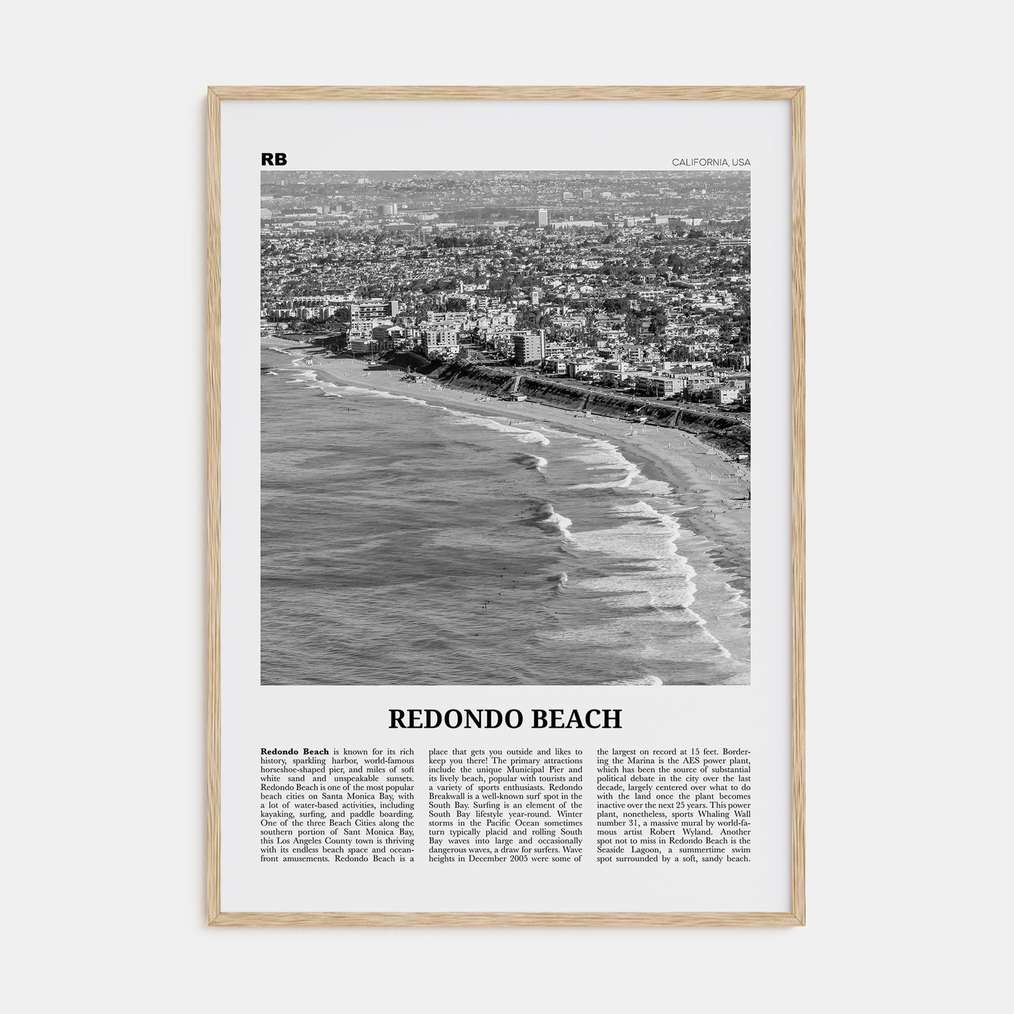 Redondo Beach Poster Natural Wood / 8x12 in Nbourhood Travel B&W Poster