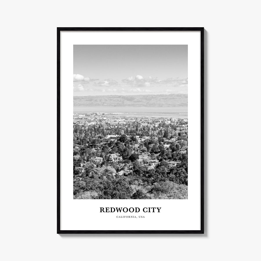 Redwood City black & white classic poster of California, USA – vertical wall art, unframed print shown in interior mockup
