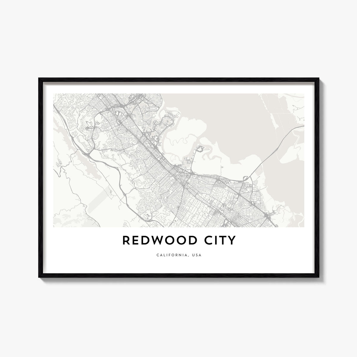 Redwood City black & white map poster of California, USA – horizontal wall art, unframed print shown in interior mockup