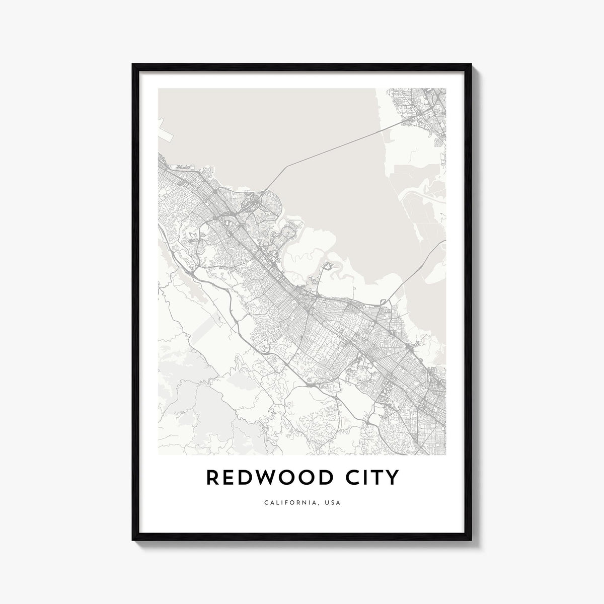Redwood City black & white map poster of California, USA – vertical wall art, unframed print shown in interior mockup