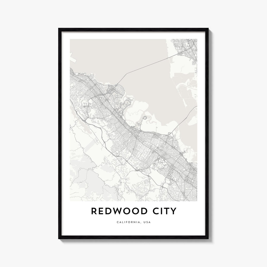 Redwood City black & white map poster of California, USA – vertical wall art, unframed print shown in interior mockup