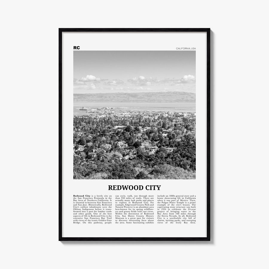 Redwood City black & white newspaper poster of California, USA – vertical wall art, unframed print shown in interior mockup
