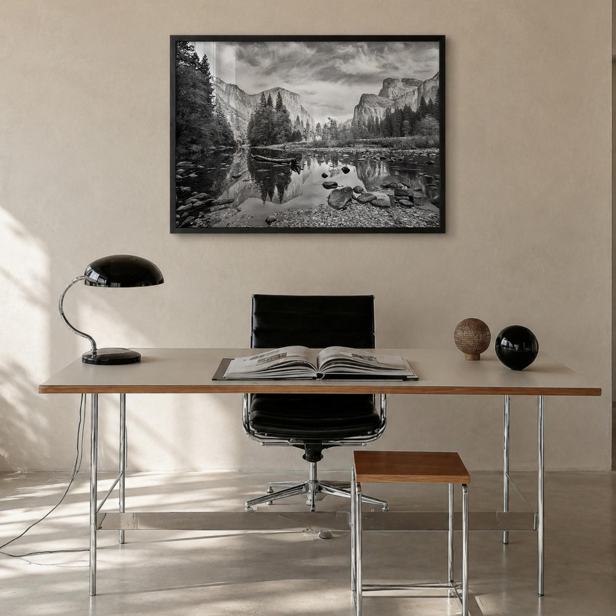 Redwood National Park black & white photo poster of California, USA – horizontal wall art in black wood frame, hanging on wal
