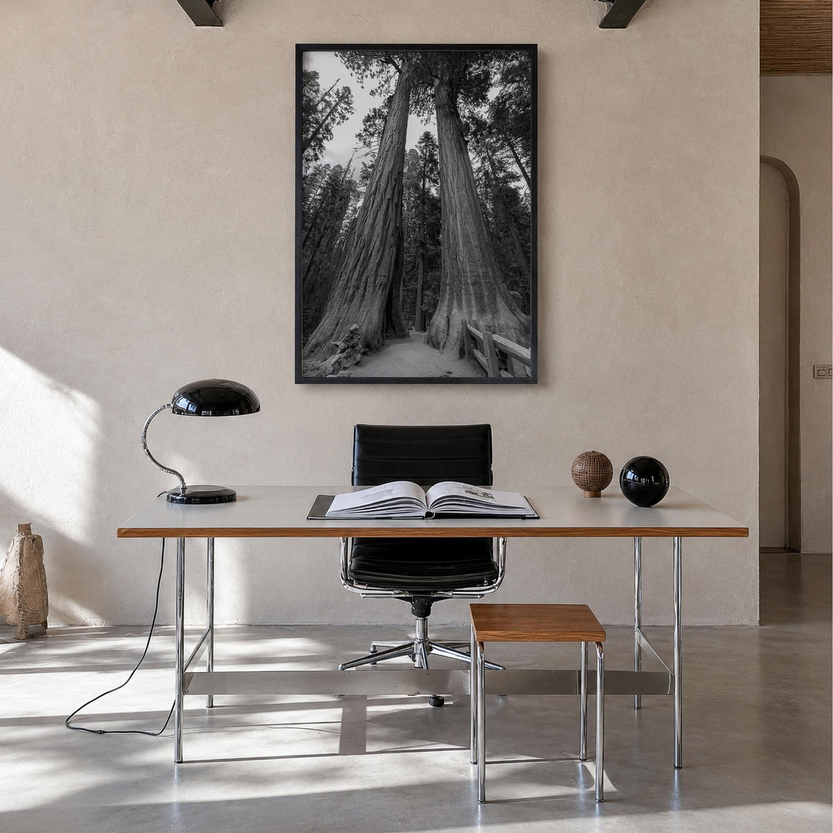 Redwood National Park black & white photo poster of California, USA – vertical wall art in black wood frame, hanging on wall