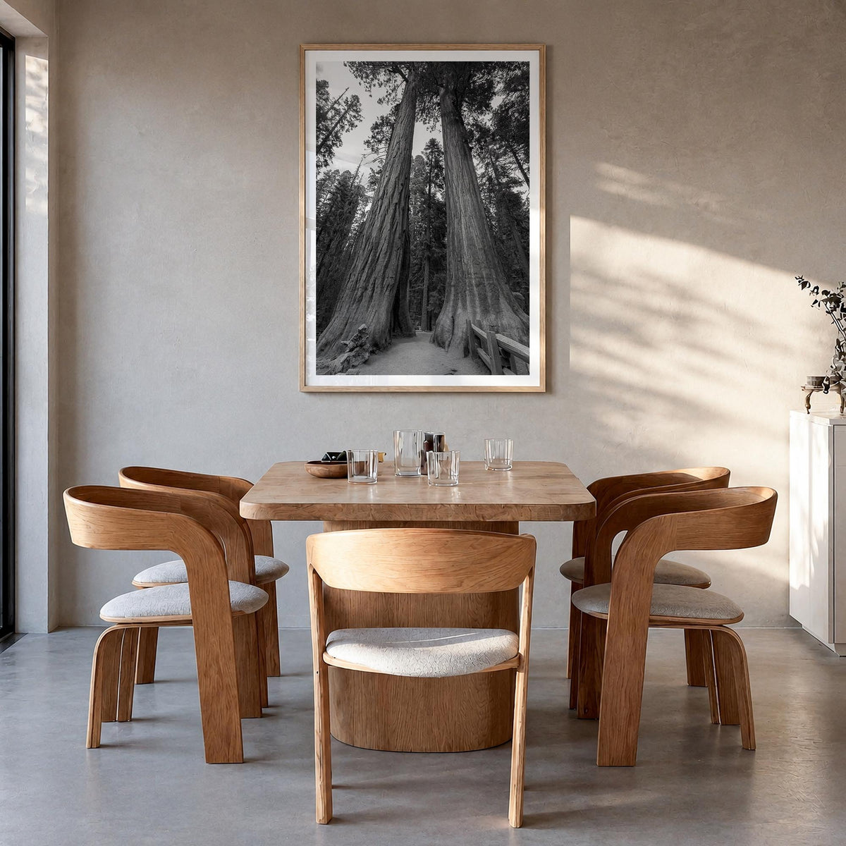 Redwood National Park black & white photo poster of California, USA – vertical wall art in natural wood frame with white bord