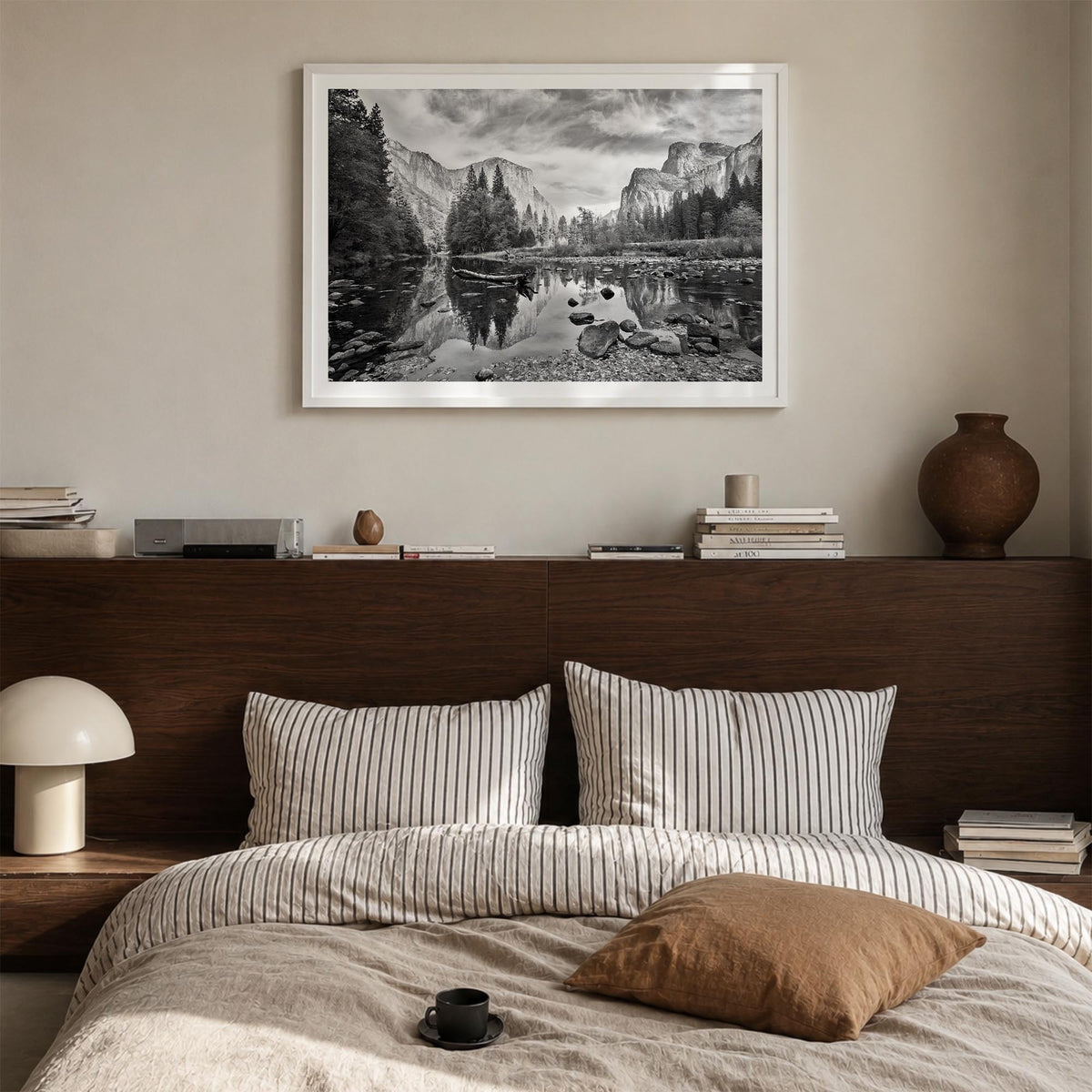 Redwood National Park black & white photo poster of California, USA – horizontal wall art in white wood frame with white bord