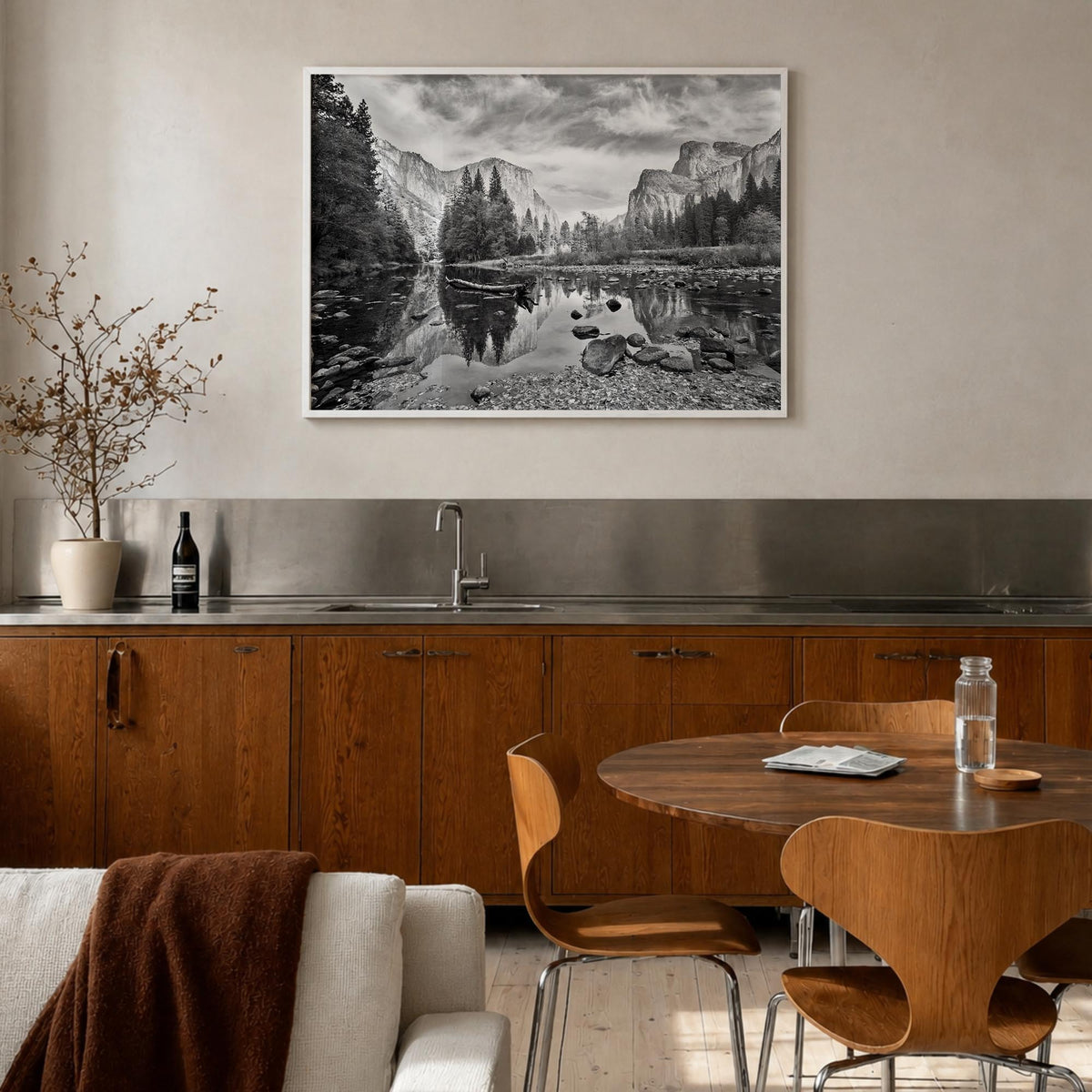 Redwood National Park black & white photo poster of California, USA – horizontal wall art in white wood frame, hanging on wal
