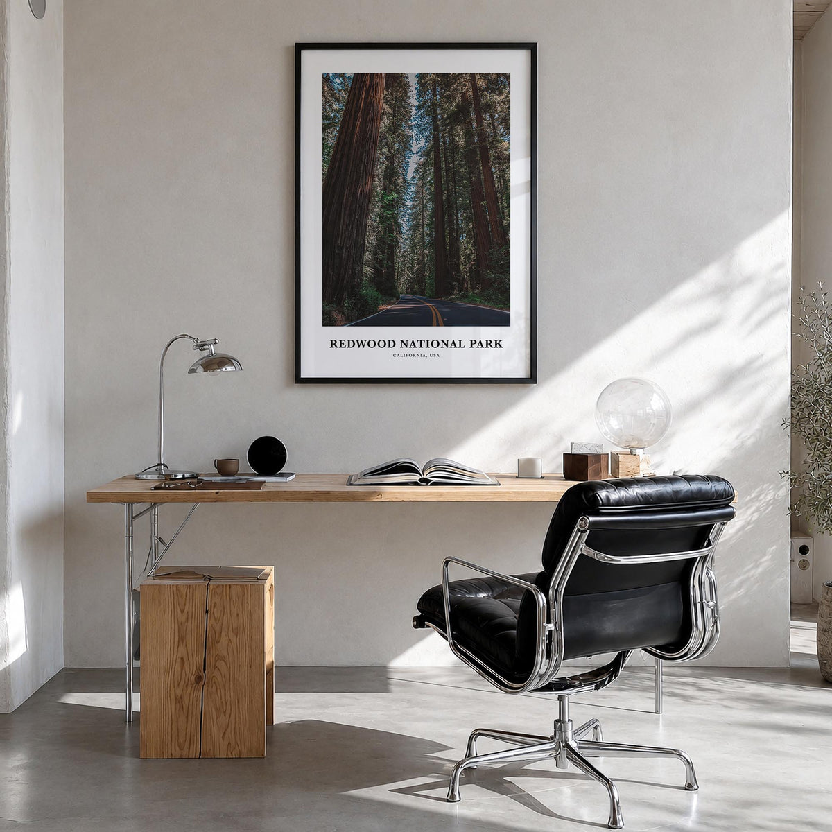 Redwood National Park no. 1 colorful classic poster of California, USA – vertical wall art in black wood frame, hanging on wa