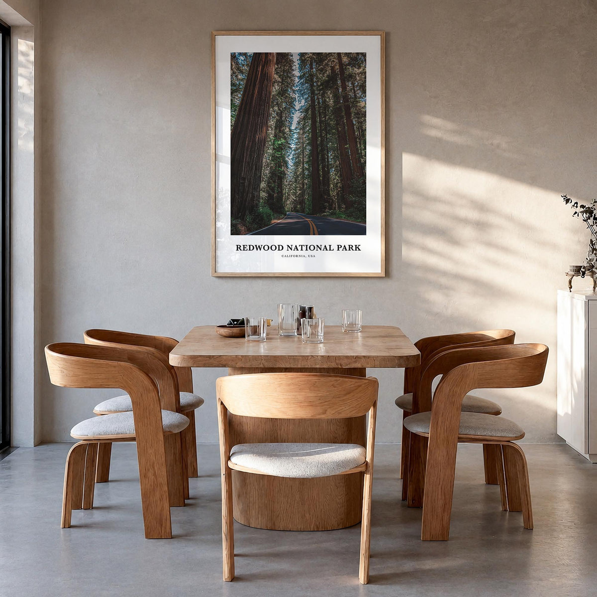 Redwood National Park no. 1 colorful classic poster of California, USA – vertical wall art in natural wood frame, hanging on 