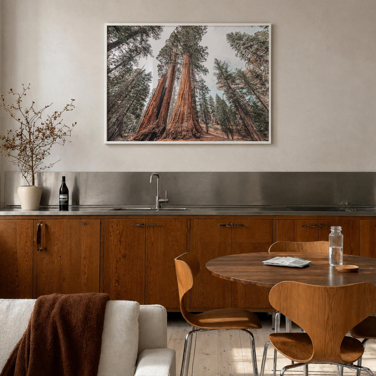 Redwood National Park colorful photo poster of California, USA – horizontal wall art in white wood frame, hanging on wall