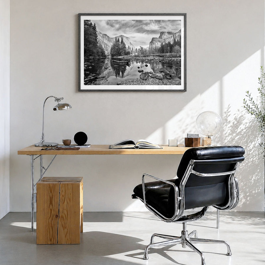 Redwood National Park Photo Poster in a black wood frame, hanging in a bright home office, white border