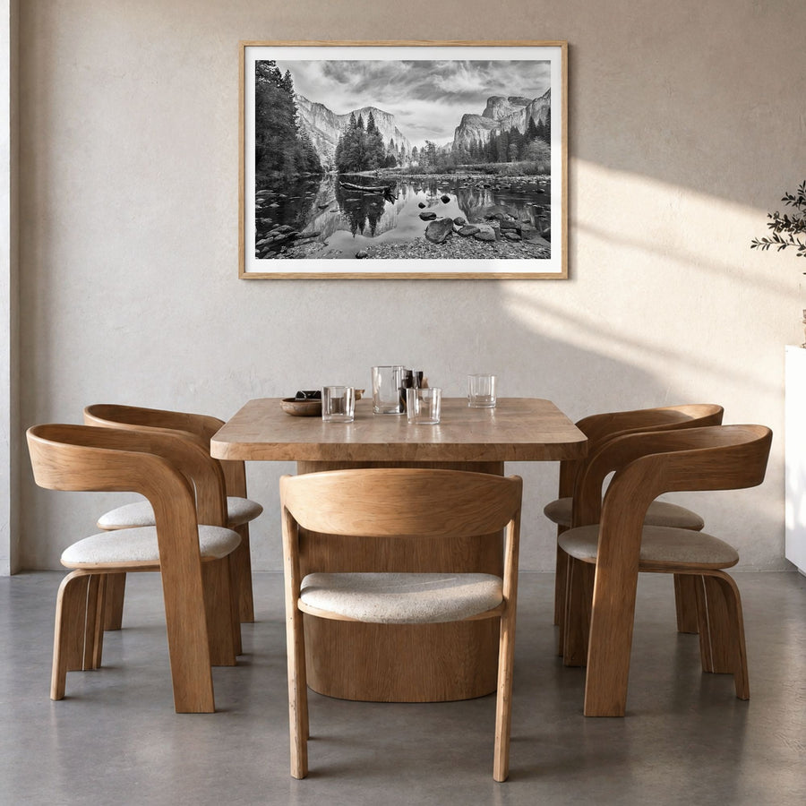 Redwood National Park Photo Poster in a natural wood frame, hanging in a dining room, white border