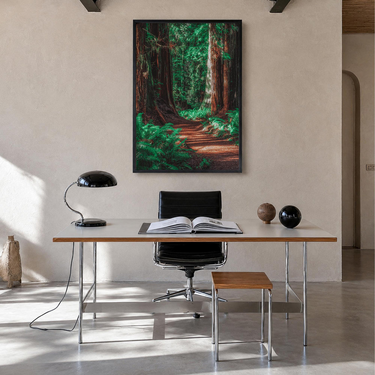 Redwood National Park no. 2 colorful photo poster of California, USA – vertical wall art in black wood frame, hanging on wall