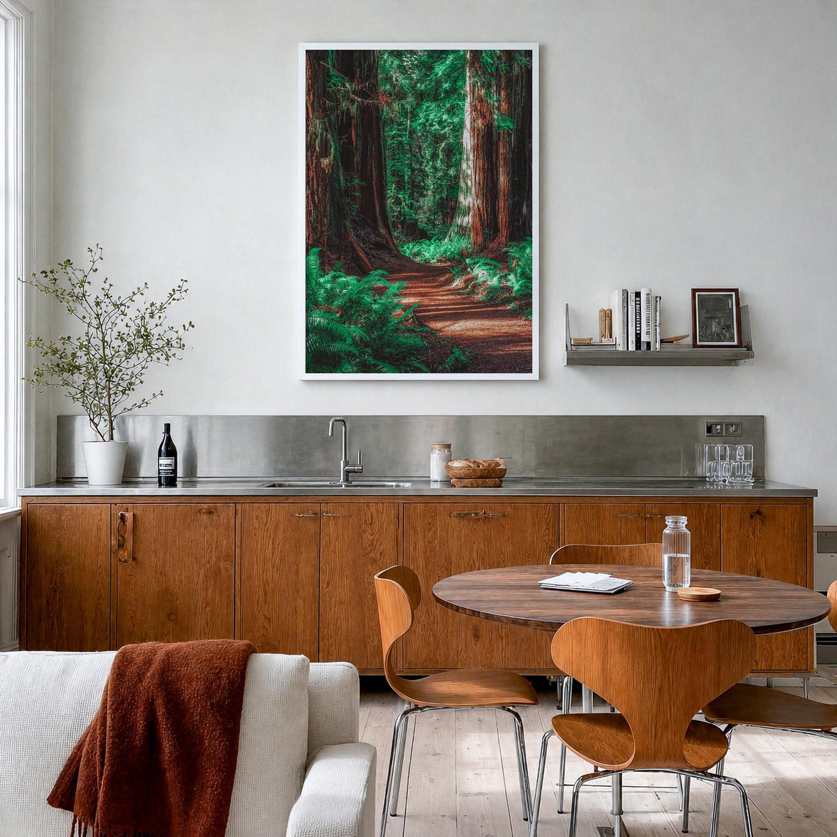 Redwood National Park no. 2 colorful photo poster of California, USA – vertical wall art in white wood frame, hanging on wall