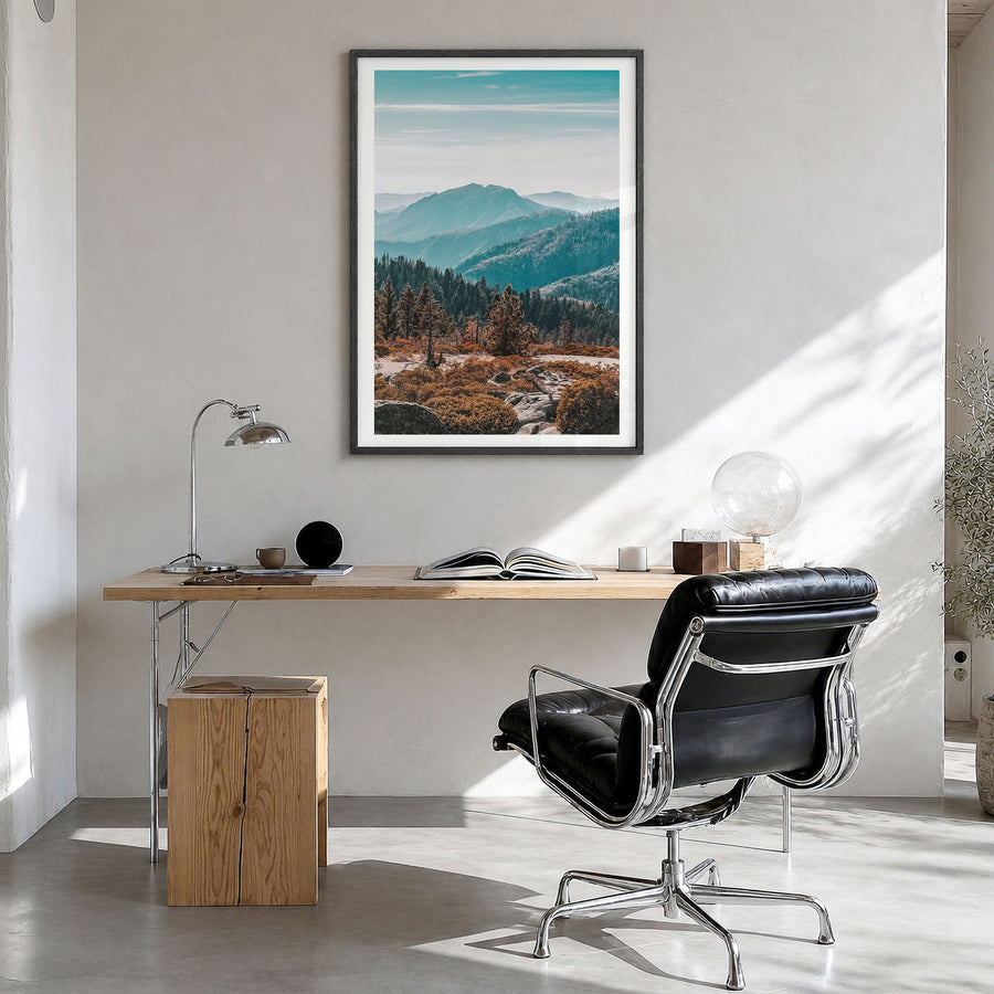 Redwood National Park Photo No 1 Poster in a black wood frame, hanging in a bright home office, white border