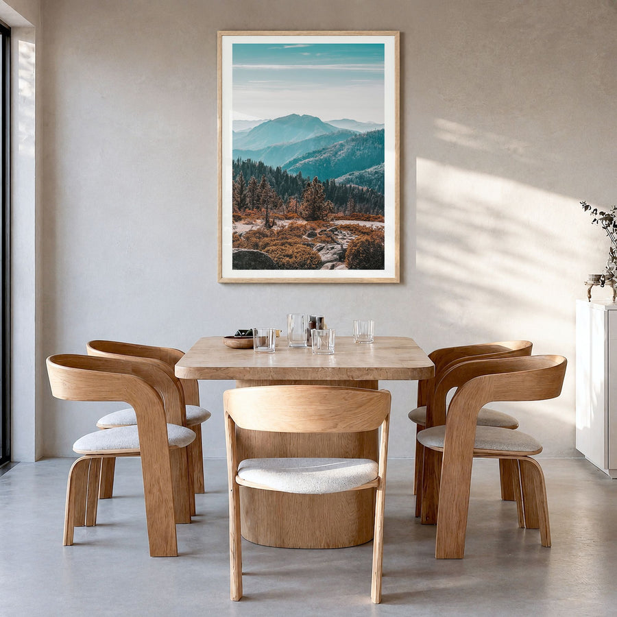 Redwood National Park Photo No 1 Poster in a natural wood frame, hanging in a dining room, white border