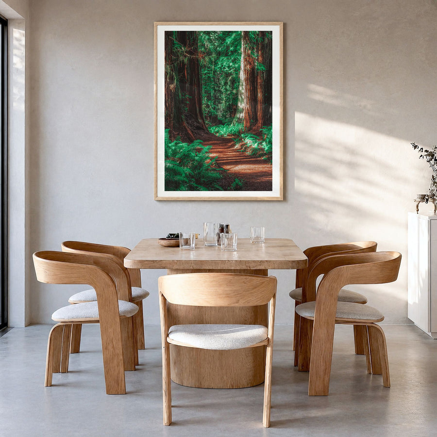 Redwood National Park Photo No 2 Poster in a natural wood frame, hanging in a dining room, white border