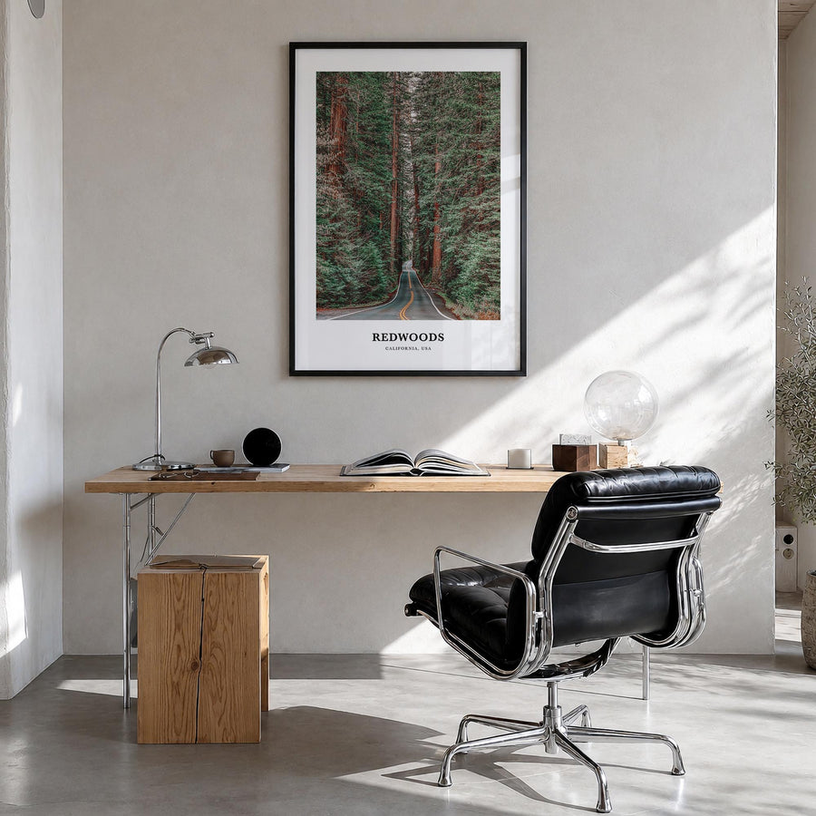 Redwood National Park no. 2 colorful classic poster of California, USA – vertical wall art in black wood frame, hanging on wa