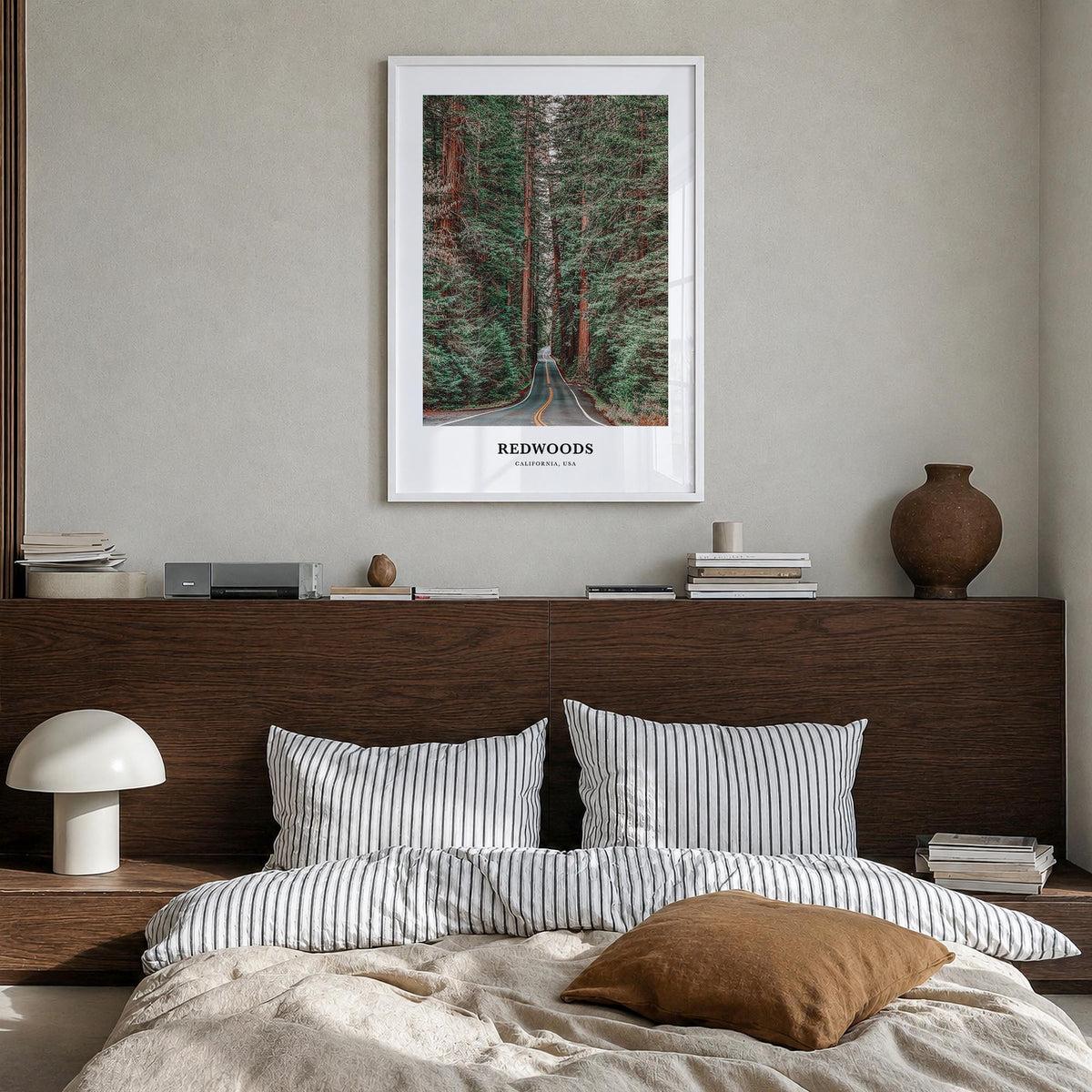 Redwood National Park no. 2 colorful classic poster of California, USA – vertical wall art in white wood frame, hanging on wa