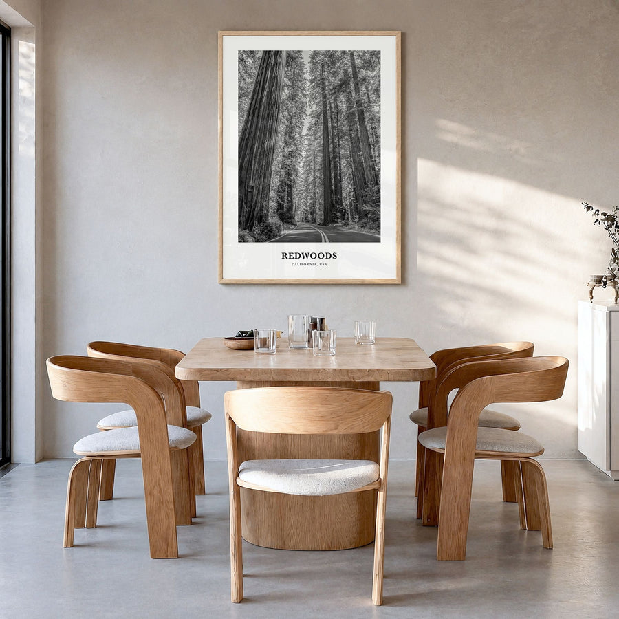 Redwoods Classic Poster in a natural wood frame, hanging in a dining room