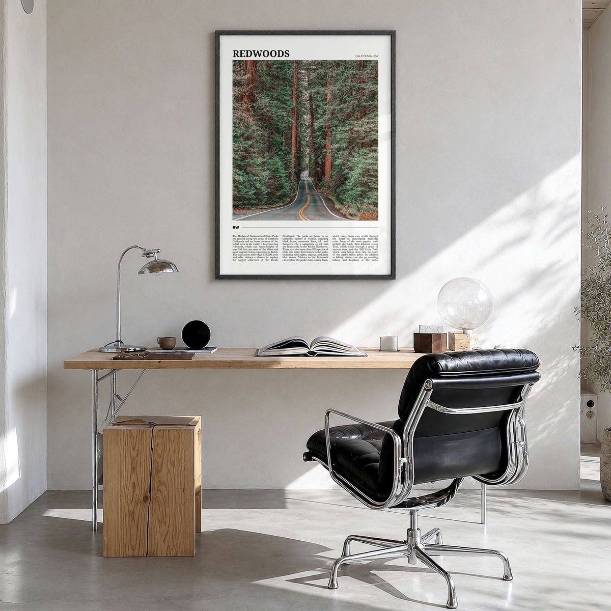 Redwoods Travel Poster in a black wood frame, hanging in a bright home office