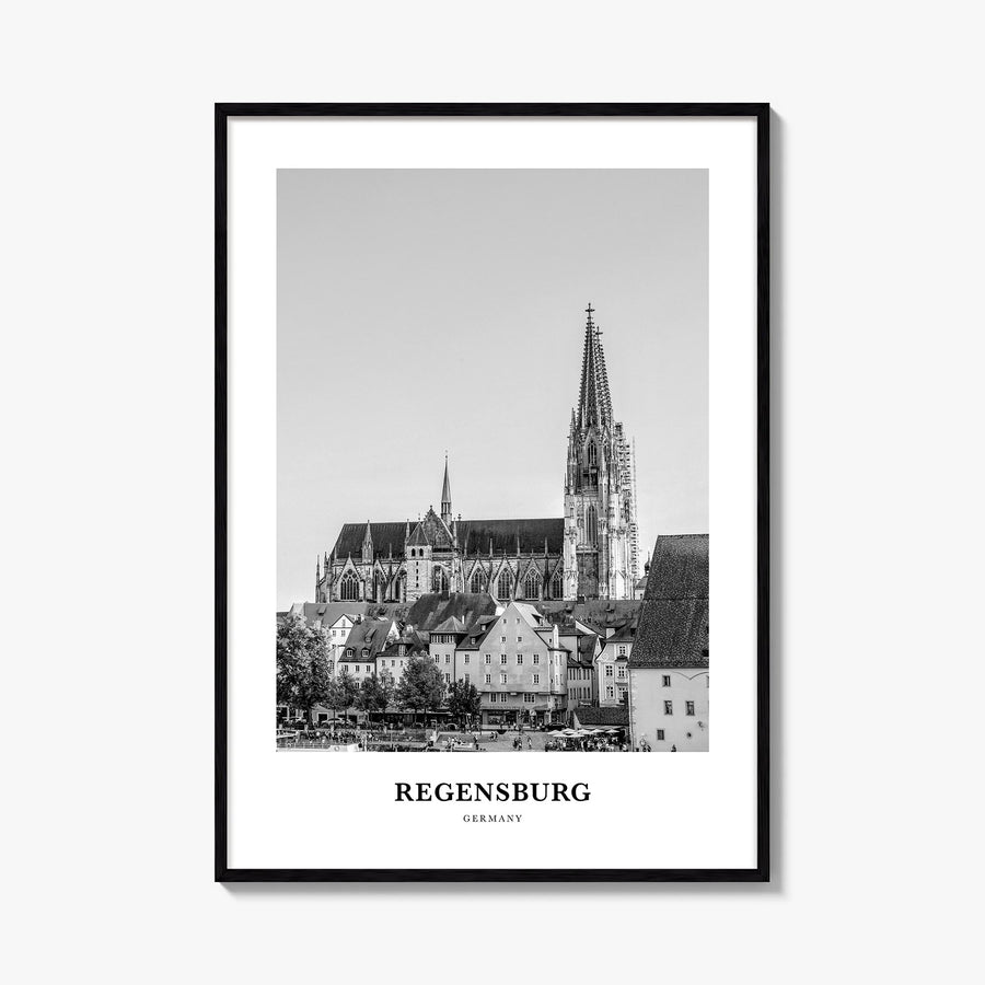 Regensburg black & white classic poster of Germany – vertical wall art, unframed print shown in interior mockup
